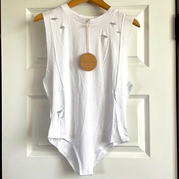 Honey Punch Tops - White distressed sleeveless body Suit